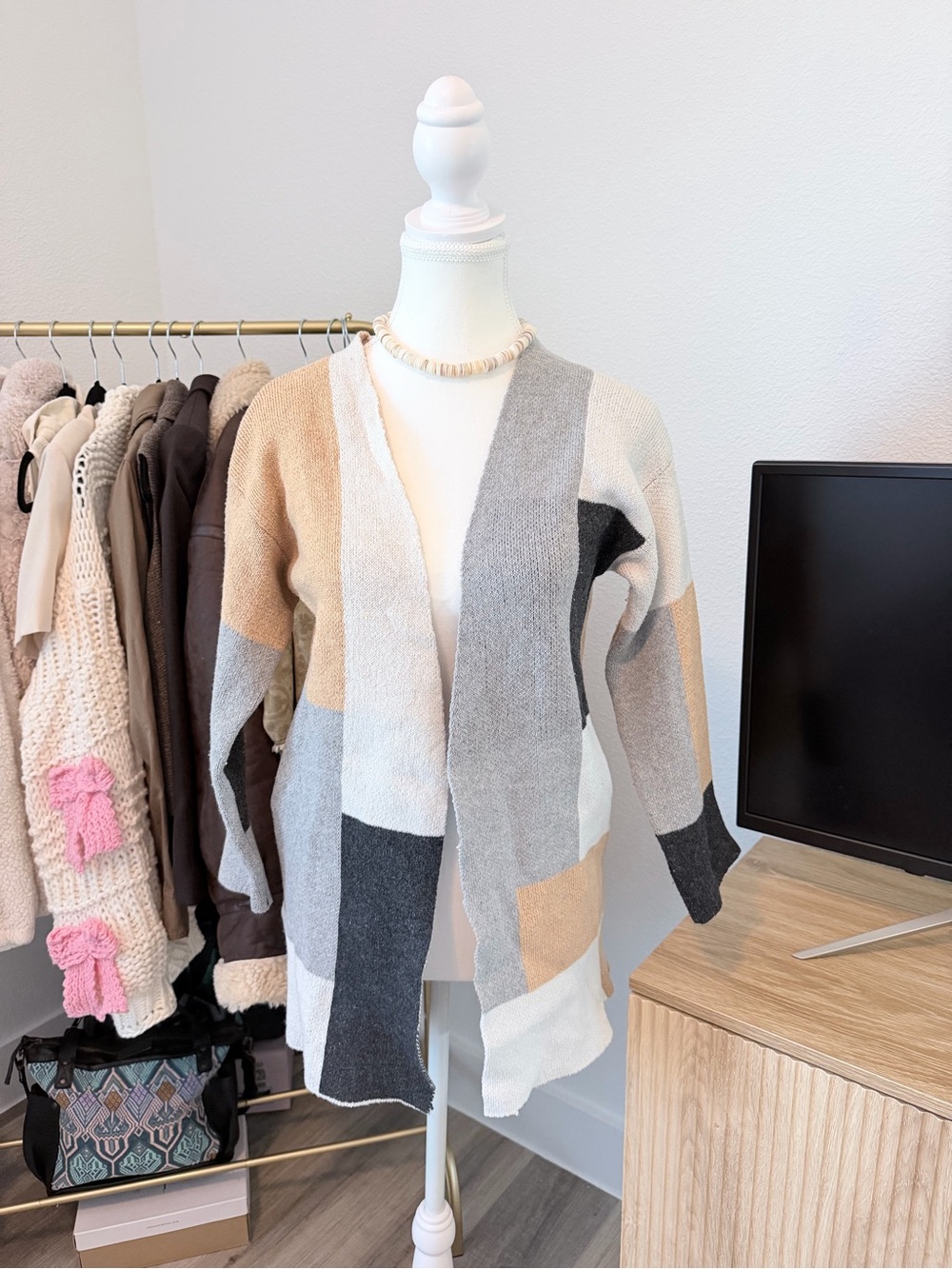 Colorblock Open-Front Women's Cardigan Sweater - Neutral Mix